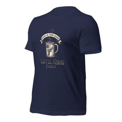 Wake Up, Stand Guard T-Shirt - Vintage Coffee Mug with Pistol & American Flag Design - BoomStick Tactical Gear