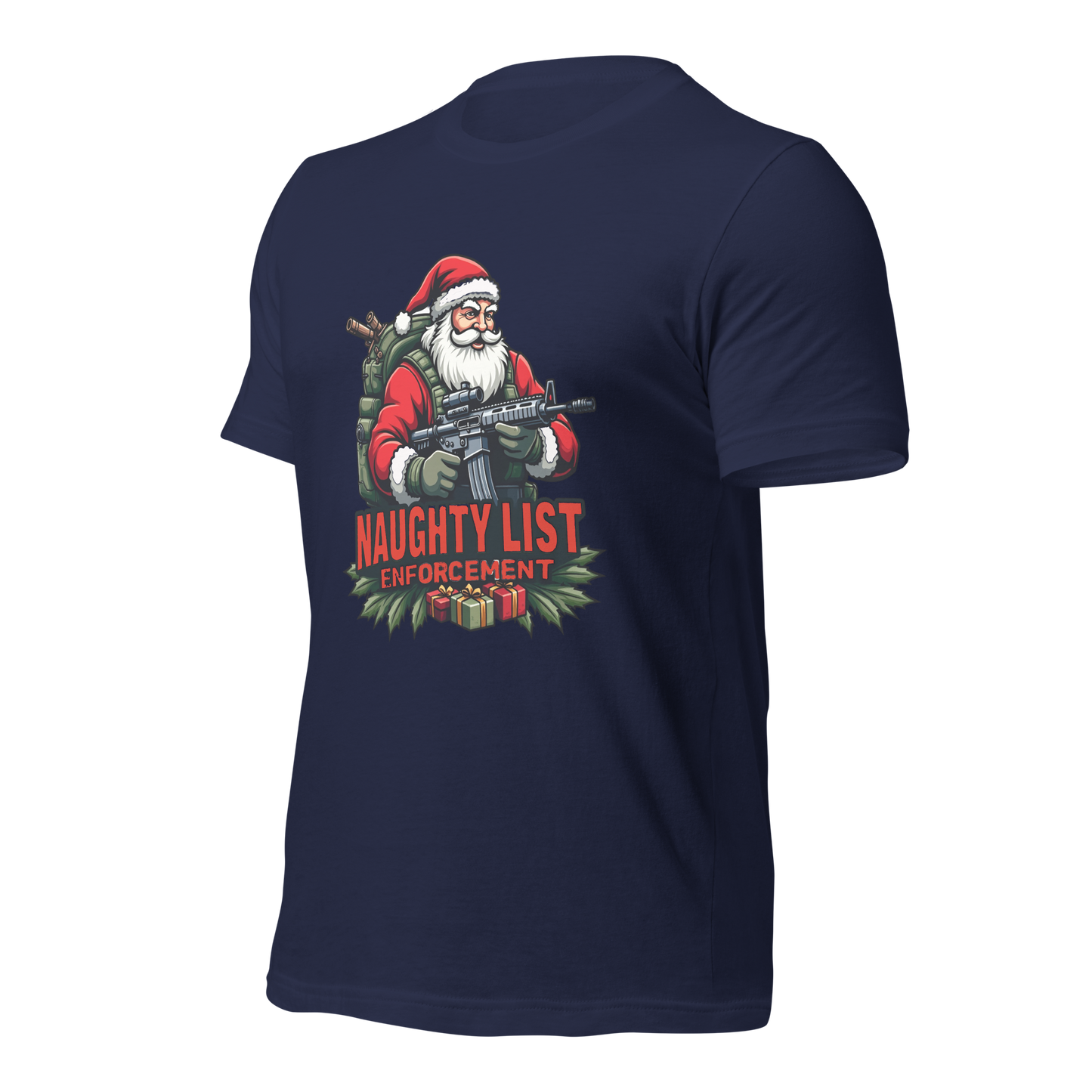 Naughty List Enforcement" Christmas T-Shirt – Santa Claus with AR-15 and Presents | Funny Tactical Christmas Shirt - BoomStick Tactical Gear