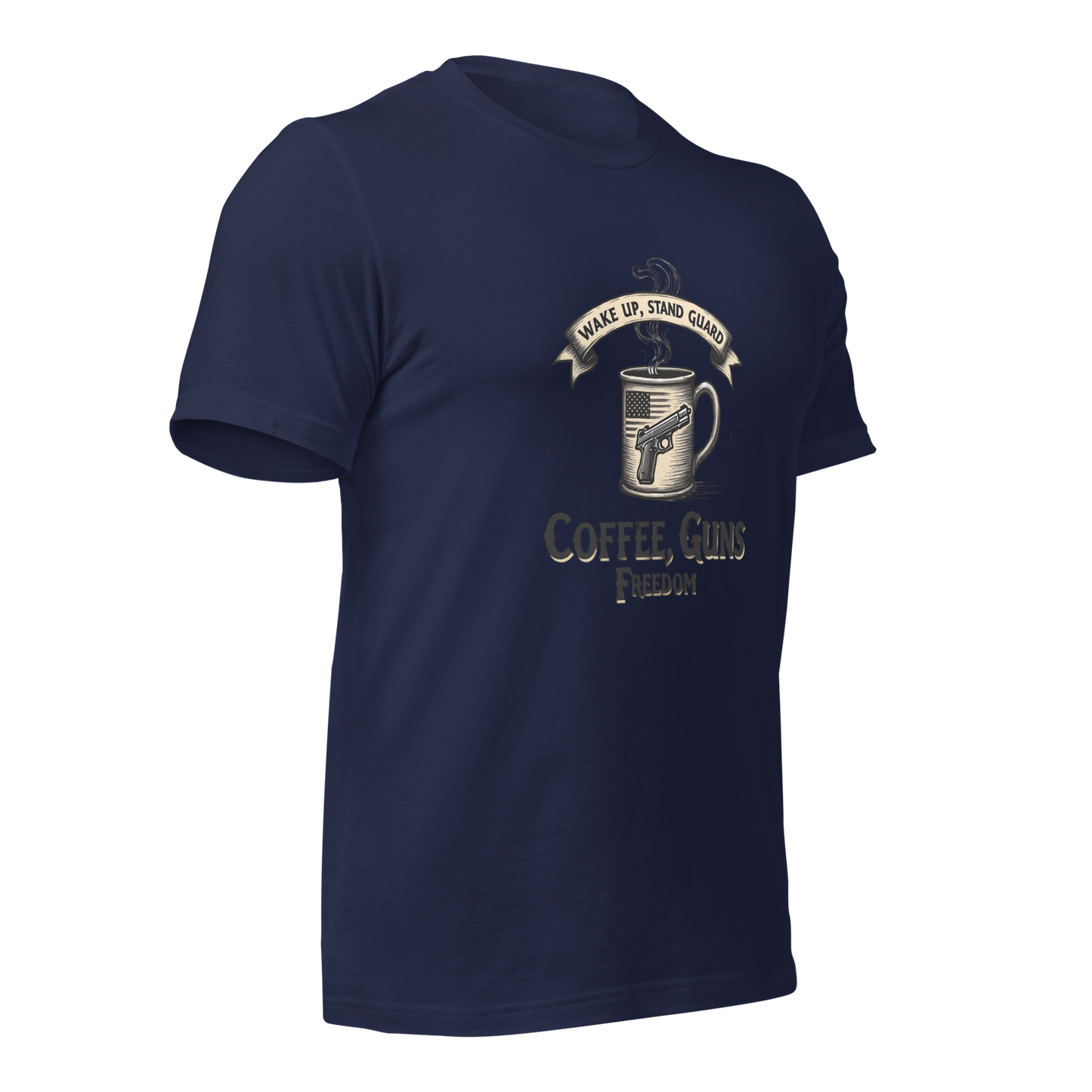 Wake Up, Stand Guard T-Shirt - Vintage Coffee Mug with Pistol & American Flag Design - BoomStick Tactical Gear