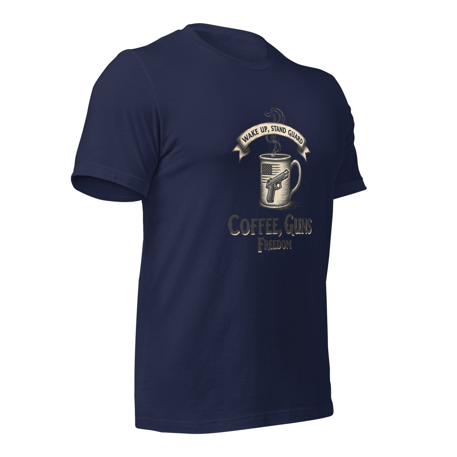 Wake Up, Stand Guard T-Shirt - Vintage Coffee Mug with Pistol & American Flag Design - BoomStick Tactical Gear