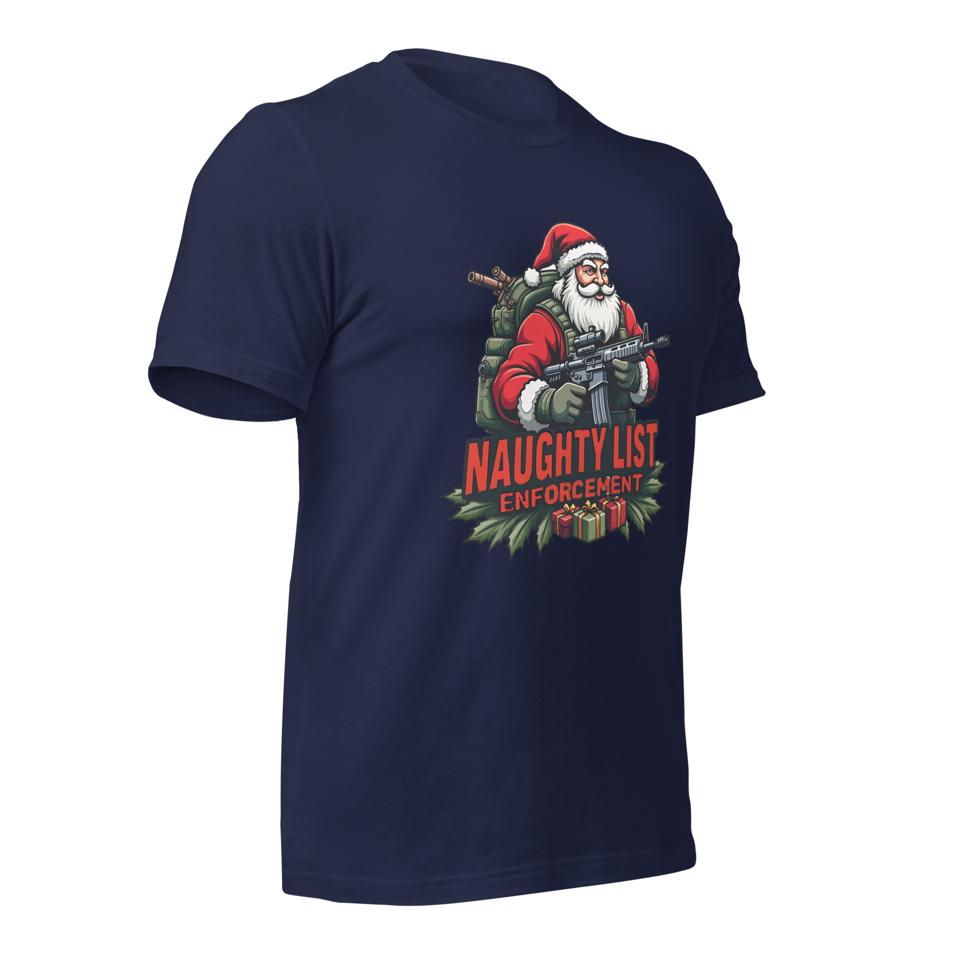 Naughty List Enforcement" Christmas T-Shirt – Santa Claus with AR-15 and Presents | Funny Tactical Christmas Shirt - BoomStick Tactical Gear