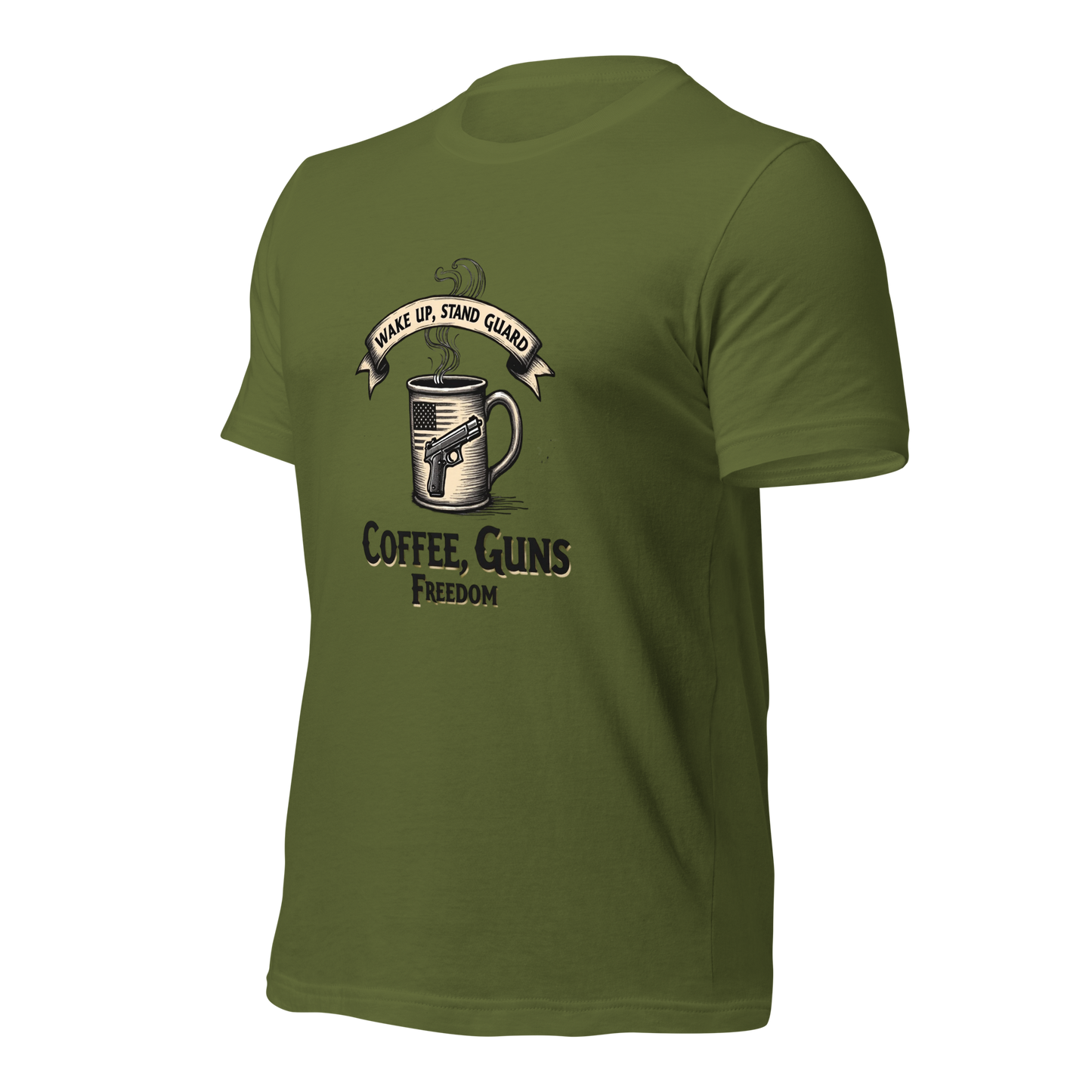 Wake Up, Stand Guard T-Shirt - Vintage Coffee Mug with Pistol & American Flag Design - BoomStick Tactical Gear