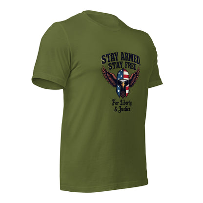 Stay Armed, Stay Free - American Flag Eagle Spartan Hat T-Shirt - BoomStick Tactical Gear