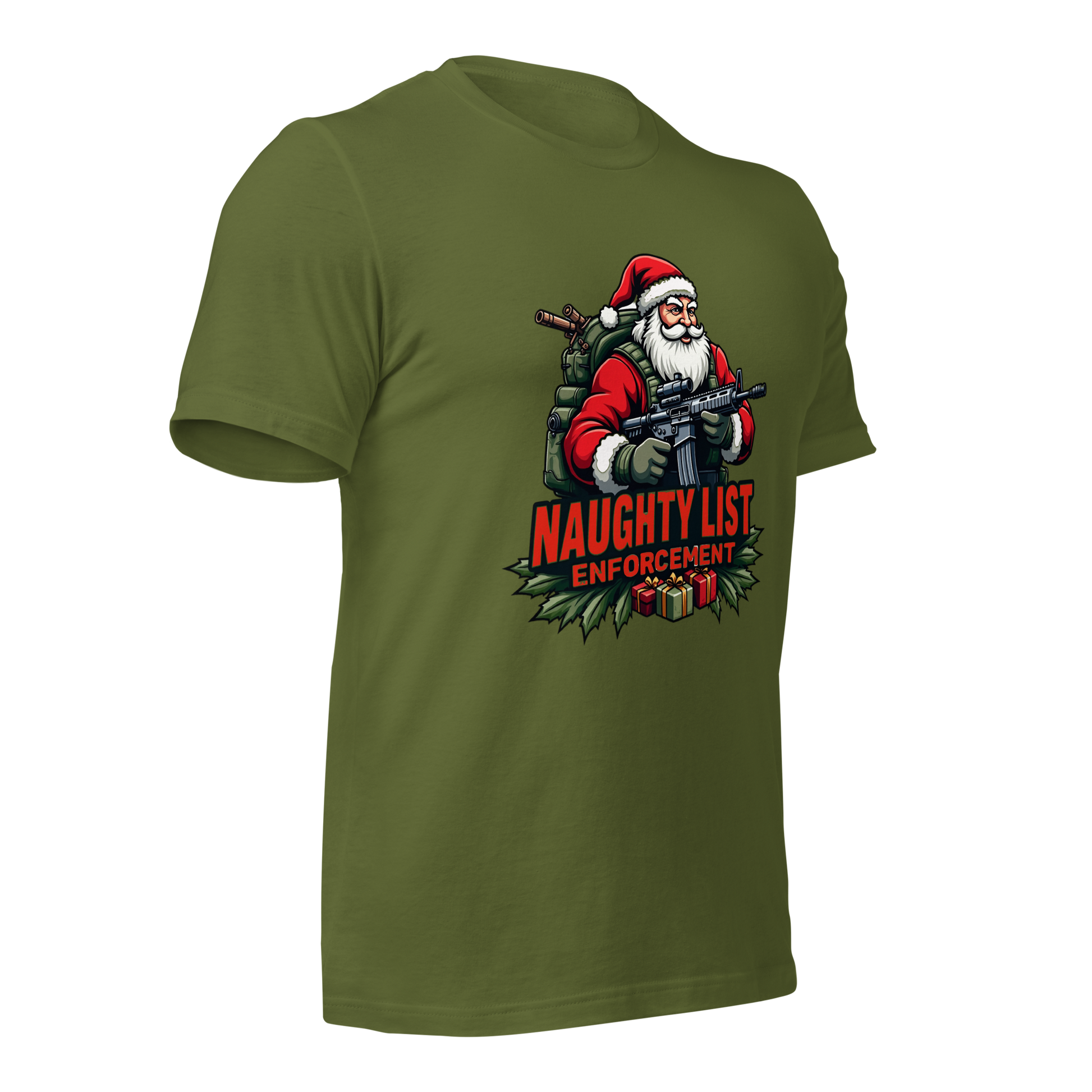 Naughty List Enforcement" Christmas T-Shirt – Santa Claus with AR-15 and Presents | Funny Tactical Christmas Shirt - BoomStick Tactical Gear