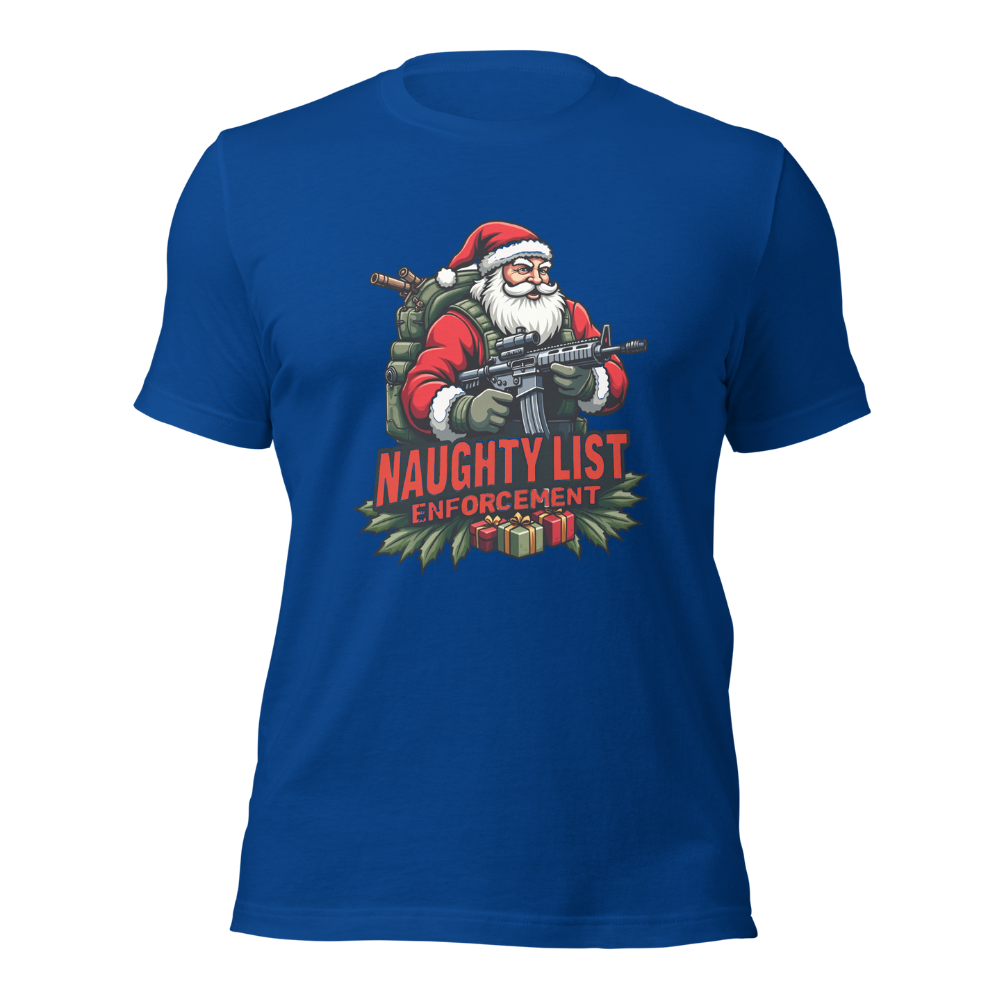 Naughty List Enforcement" Christmas T-Shirt – Santa Claus with AR-15 and Presents | Funny Tactical Christmas Shirt - BoomStick Tactical Gear