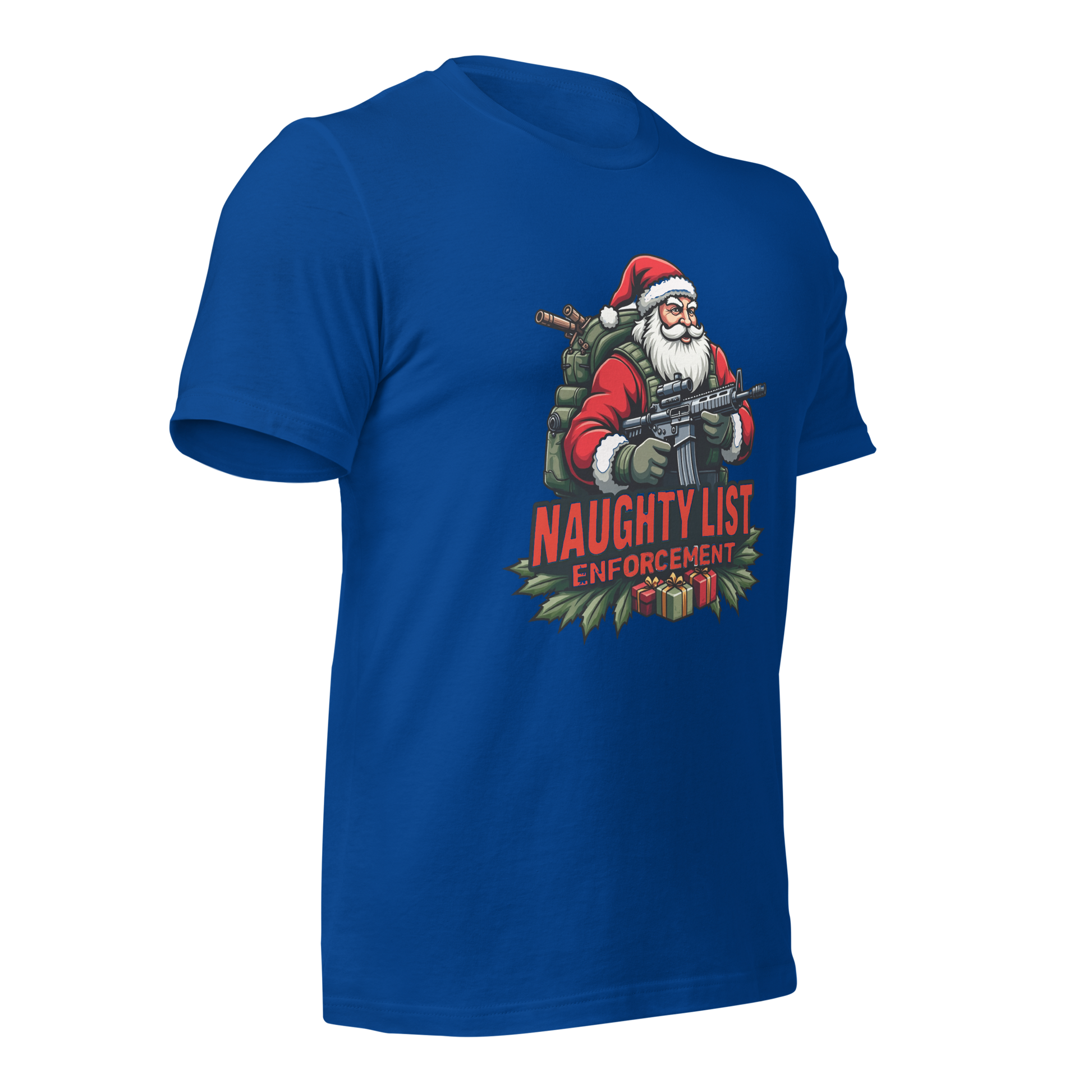 Naughty List Enforcement" Christmas T-Shirt – Santa Claus with AR-15 and Presents | Funny Tactical Christmas Shirt - BoomStick Tactical Gear