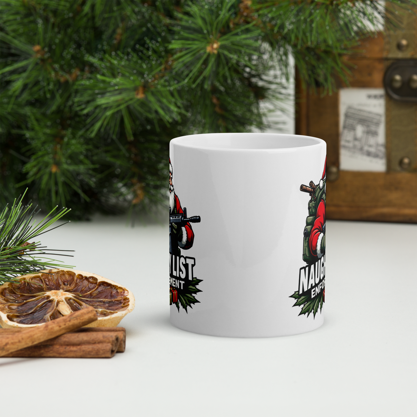 Naughty List Enforcement" Christmas Coffee Mug – Santa Claus with AR-15 and Presents | Funny Tactical Christmas Gift - BoomStick Tactical Gear