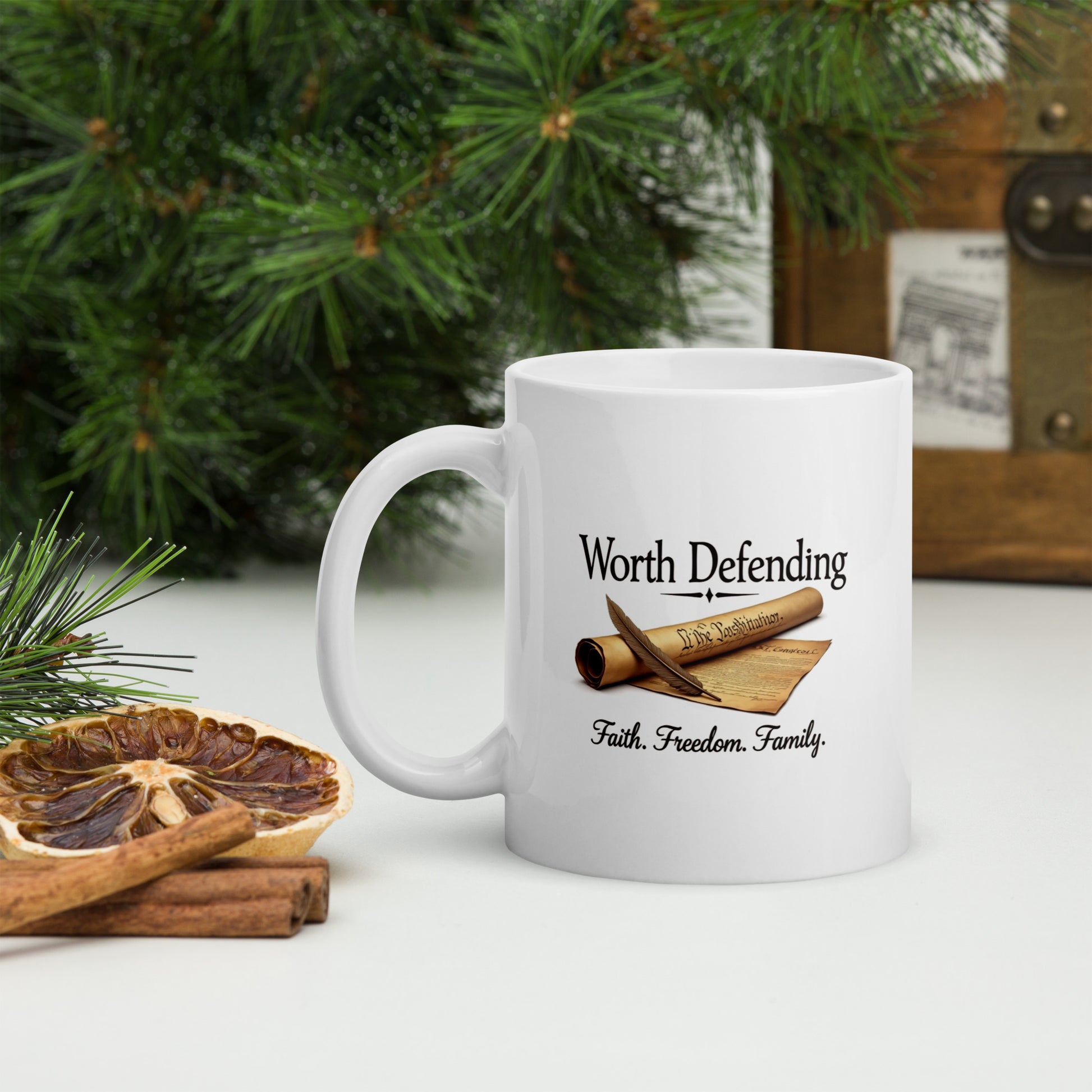 Worth Defending Patriotic Coffee Mug – U.S. Constitution and Quill Pen Design | Faith, Freedom, Family | 2A Supporter Gift - BoomStick Tactical Gear