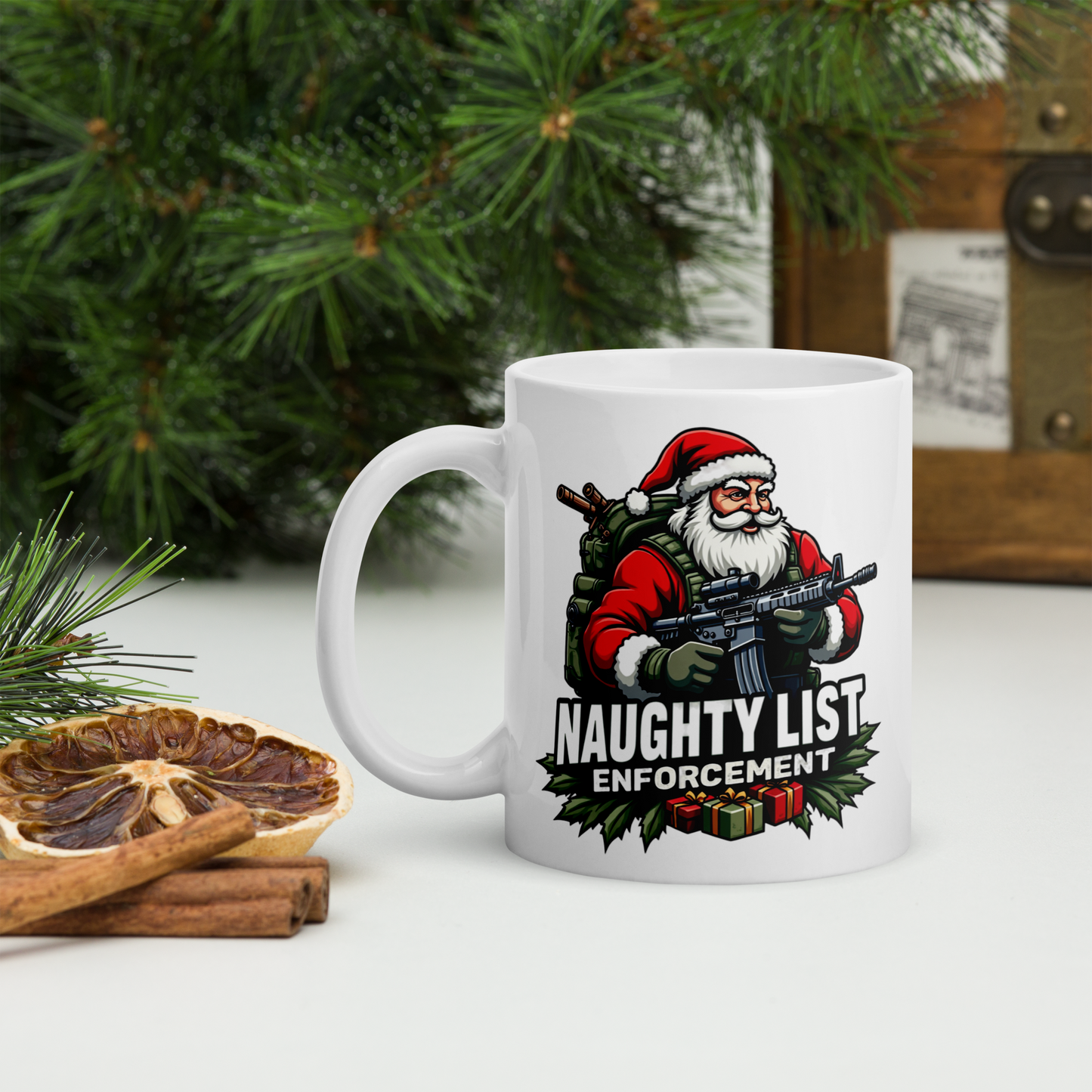 Naughty List Enforcement" Christmas Coffee Mug – Santa Claus with AR-15 and Presents | Funny Tactical Christmas Gift - BoomStick Tactical Gear