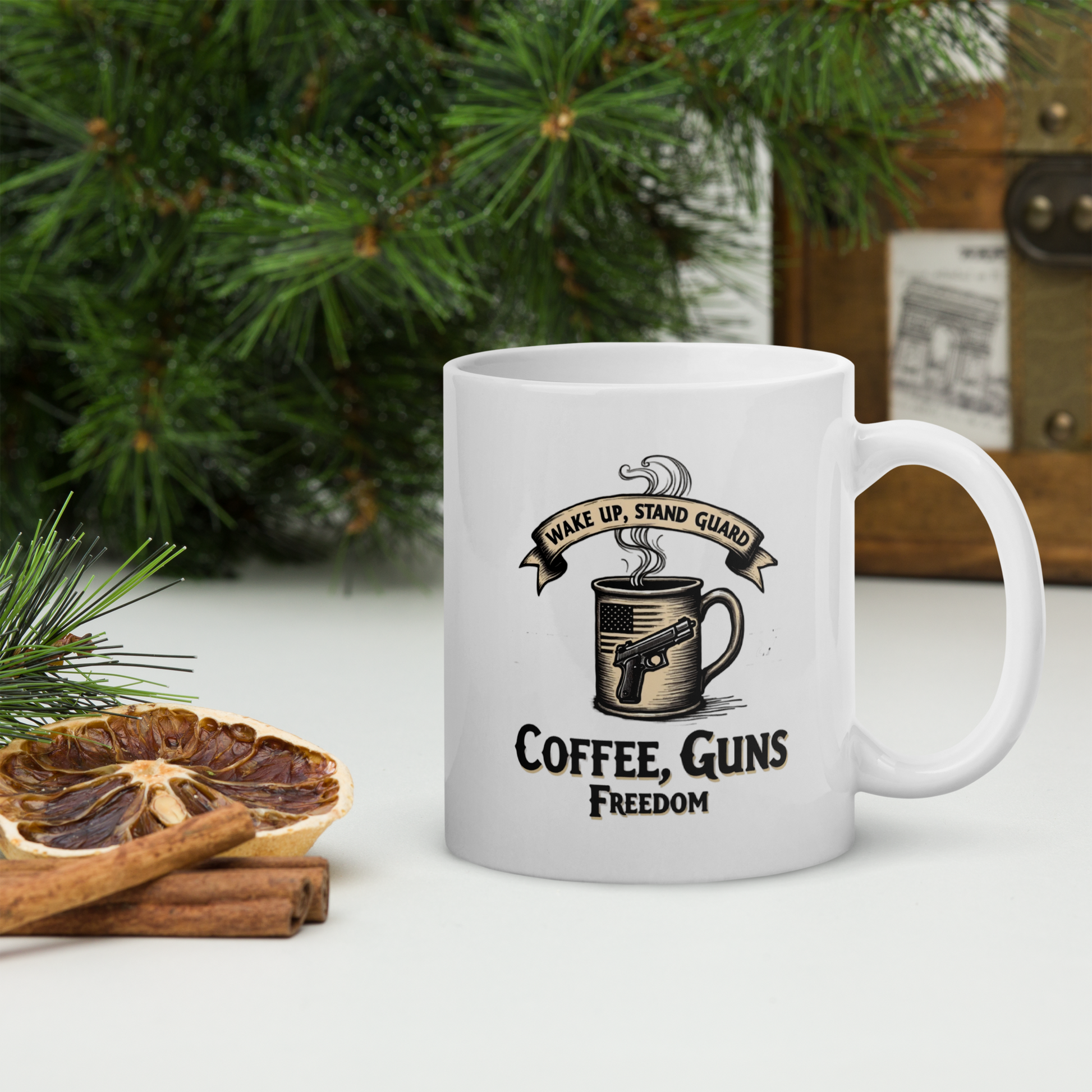 Wake Up, Stand Guard Coffee Mug – Vintage Pistol & American Flag Design | Patriotic Gun Rights Gift - BoomStick Tactical Gear