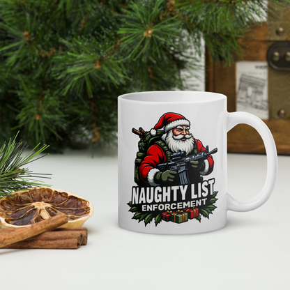 Naughty List Enforcement" Christmas Coffee Mug – Santa Claus with AR-15 and Presents | Funny Tactical Christmas Gift - BoomStick Tactical Gear