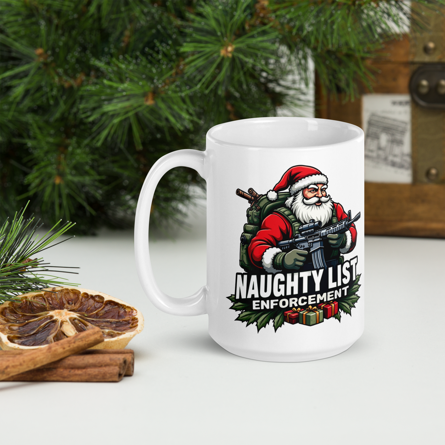 Naughty List Enforcement" Christmas Coffee Mug – Santa Claus with AR-15 and Presents | Funny Tactical Christmas Gift - BoomStick Tactical Gear