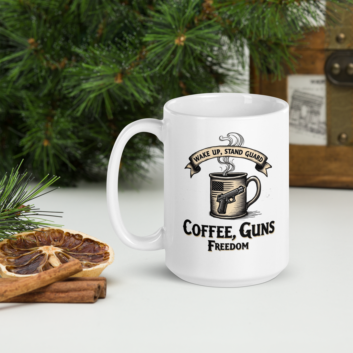 Wake Up, Stand Guard Coffee Mug – Vintage Pistol & American Flag Design | Patriotic Gun Rights Gift - BoomStick Tactical Gear