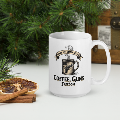 Wake Up, Stand Guard Coffee Mug – Vintage Pistol & American Flag Design | Patriotic Gun Rights Gift - BoomStick Tactical Gear