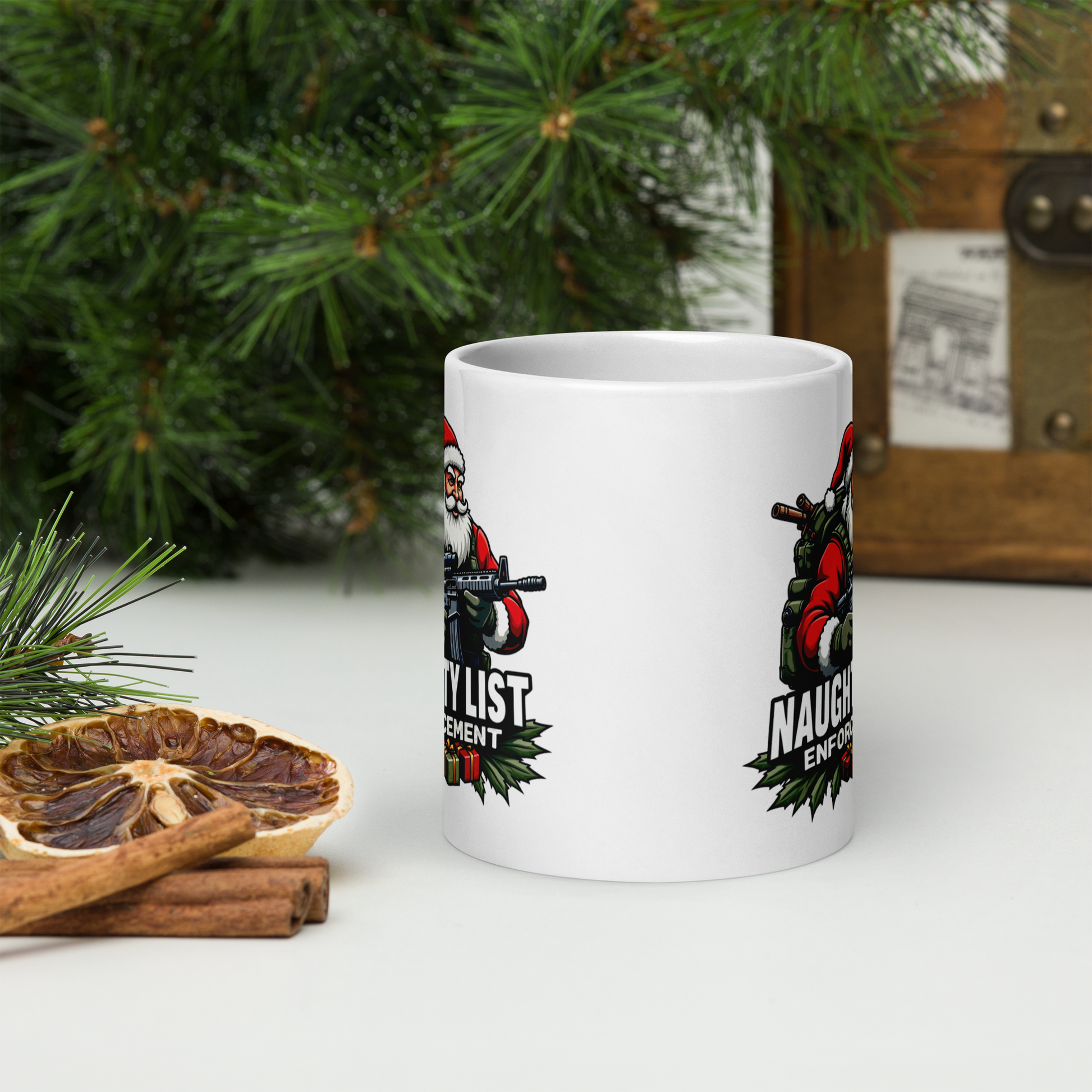 Naughty List Enforcement" Christmas Coffee Mug – Santa Claus with AR-15 and Presents | Funny Tactical Christmas Gift - BoomStick Tactical Gear