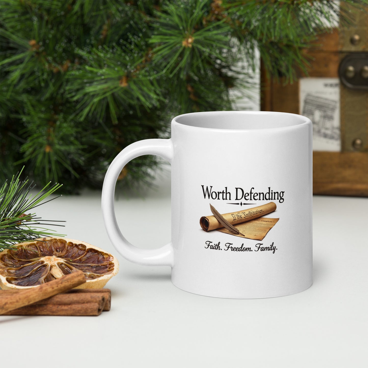 Worth Defending Patriotic Coffee Mug – U.S. Constitution and Quill Pen Design | Faith, Freedom, Family | 2A Supporter Gift - BoomStick Tactical Gear