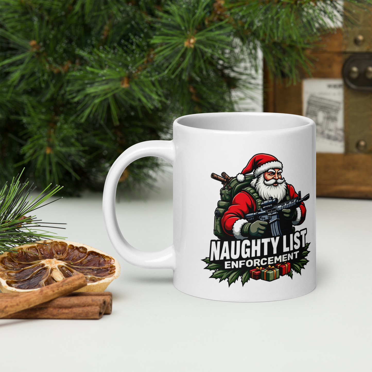 Naughty List Enforcement" Christmas Coffee Mug – Santa Claus with AR-15 and Presents | Funny Tactical Christmas Gift - BoomStick Tactical Gear