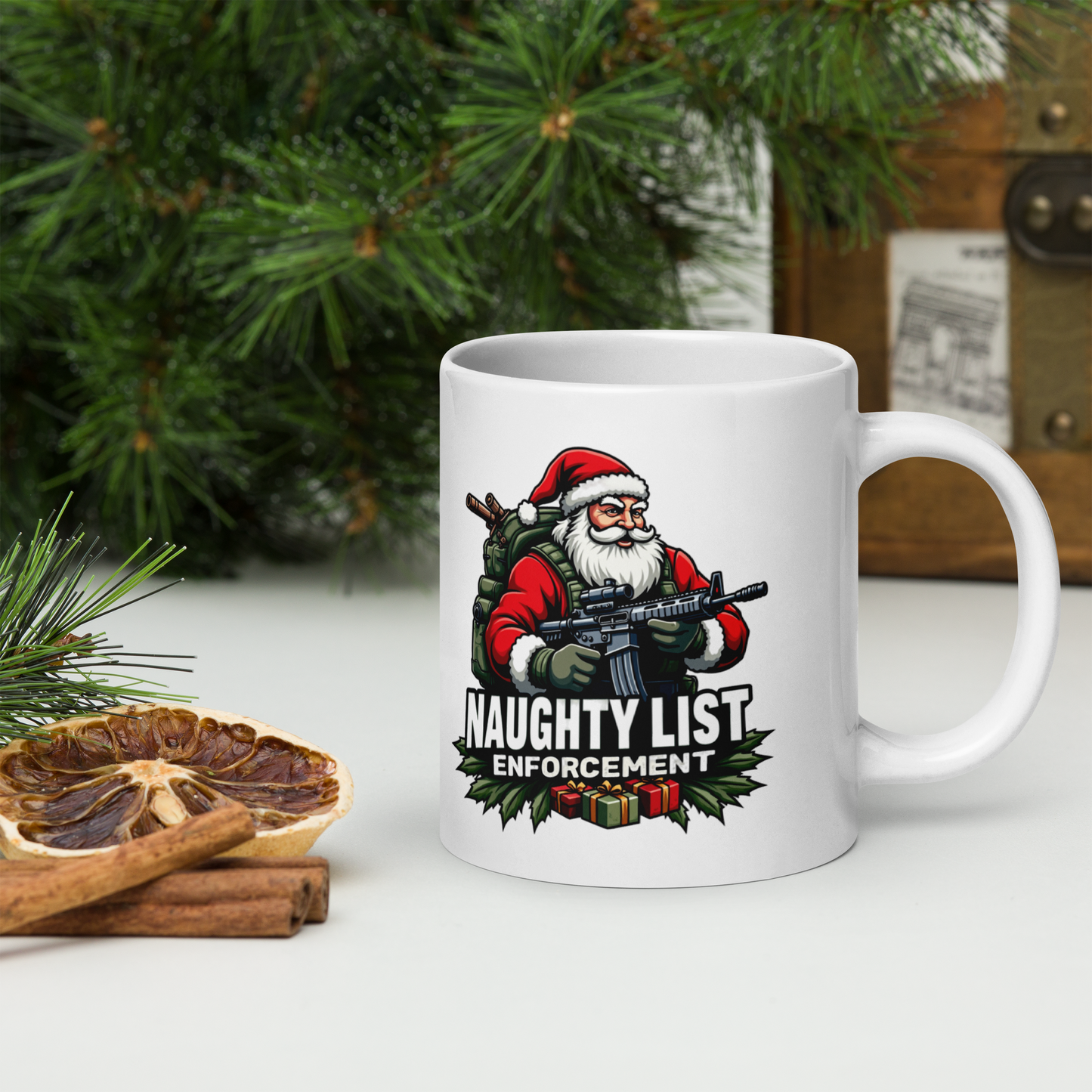 Naughty List Enforcement" Christmas Coffee Mug – Santa Claus with AR-15 and Presents | Funny Tactical Christmas Gift - BoomStick Tactical Gear