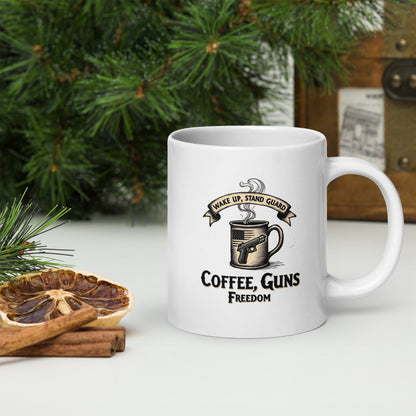 Wake Up, Stand Guard Coffee Mug – Vintage Pistol & American Flag Design | Patriotic Gun Rights Gift - BoomStick Tactical Gear